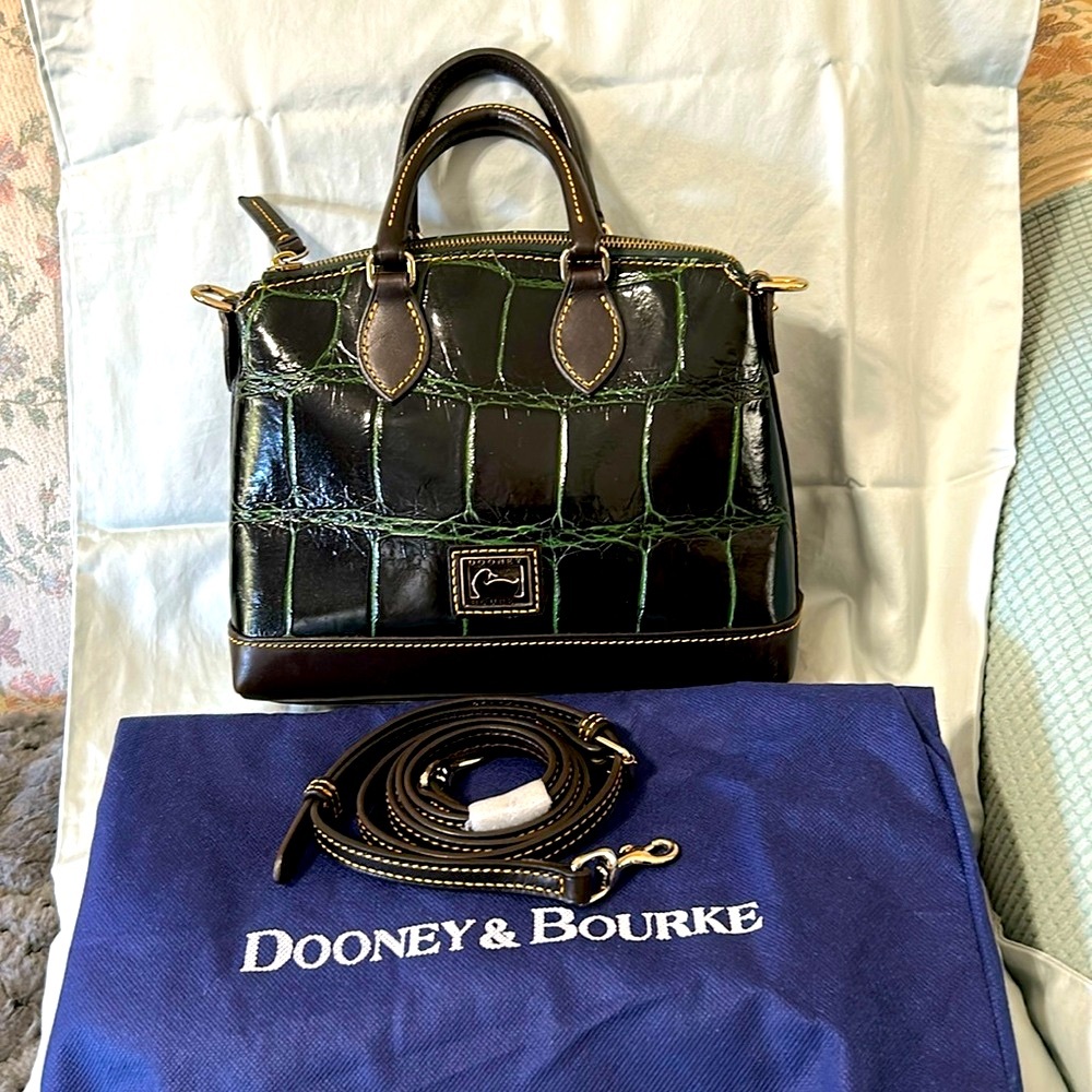 Rare,  Dooney & Bourke Black & dark brown Dillen Satchel with greenish wash